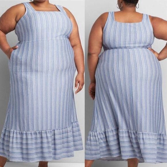 LANE BRYANT- Plus Blue Striped Soft Knit Sleeveless Maxi Dress Ruffle Hem, 18/20 - Picture 1 of 13